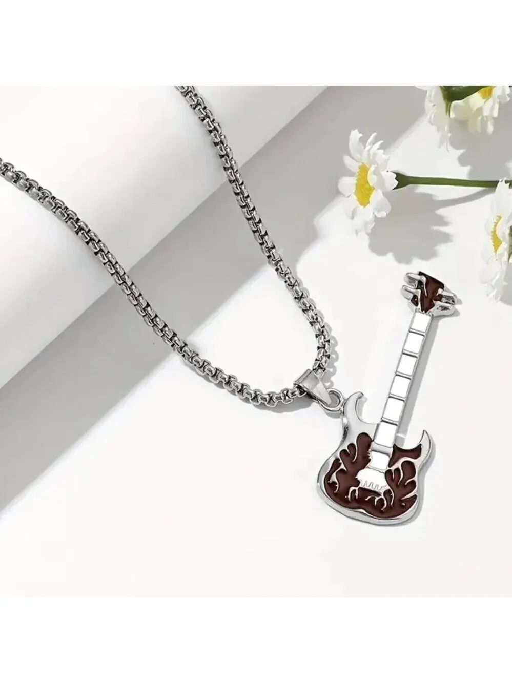 Emerald Green Flaming Guitar with White Neck Rocker Necklace and Pendant 1559